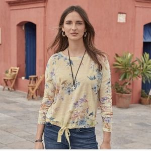 Sundance Linen floral flower long sleeve top blouse XS